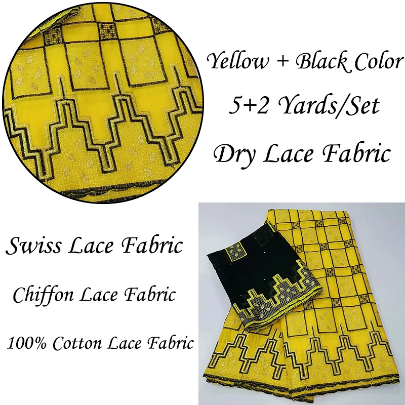 

Swiss Voile Lace In switzerland Set Black And Yellow Lace Latest Nigerian Lace Fabric African Dry Fabric 5+2 Yards For Wedding