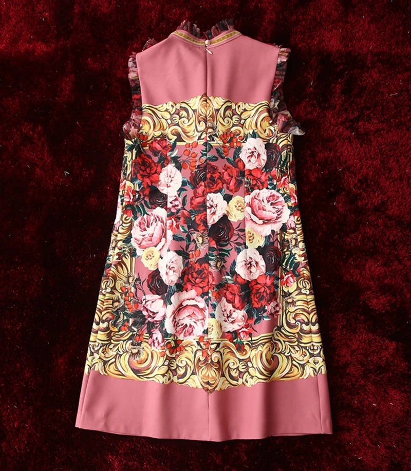 LINGHAN Designer Autumn Flower Print Crystals Sleeveless Elegant Mini Dress Party Dresses New