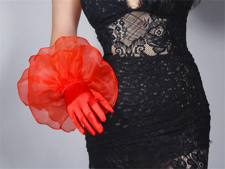 Шелковые кружевные перчатки эластичные мерсеризованные шелковые атласные красные Ультра короткие большие двухслойные сетчатые женские перчатки из органзы с оборками WSG01