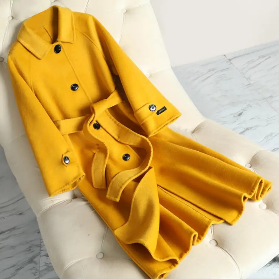 yellow Женское зимнее пальто элегантный шерстяной теплый длинное пальто двухстороннее модное кашемировое пальто - Цвет: yellow