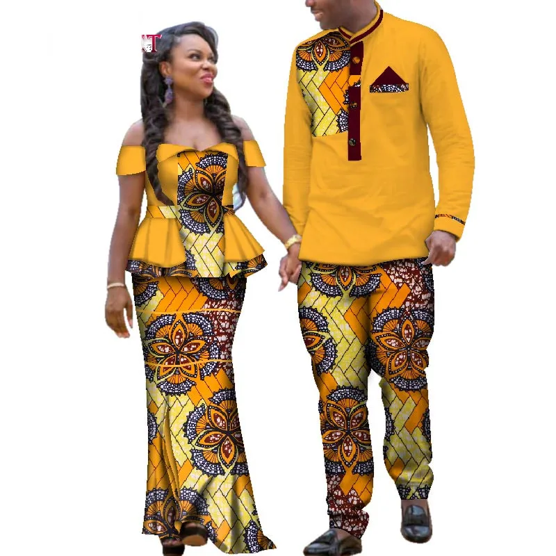 Свадебный комплект из двух предметов, Африканский принт Дашики, одежда для влюбленных, мужская рубашка и брюки, Блейзер, женские вечерние платья, WYQ113 - Цвет: 1