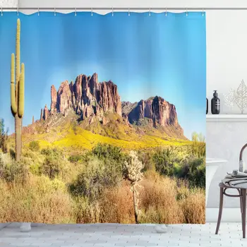 

Saguaro Shower Curtain, Blooming Brittlebush Superstition Wilderness by The Mountain Phoenix View, Cloth Fabric Bathroom Decor