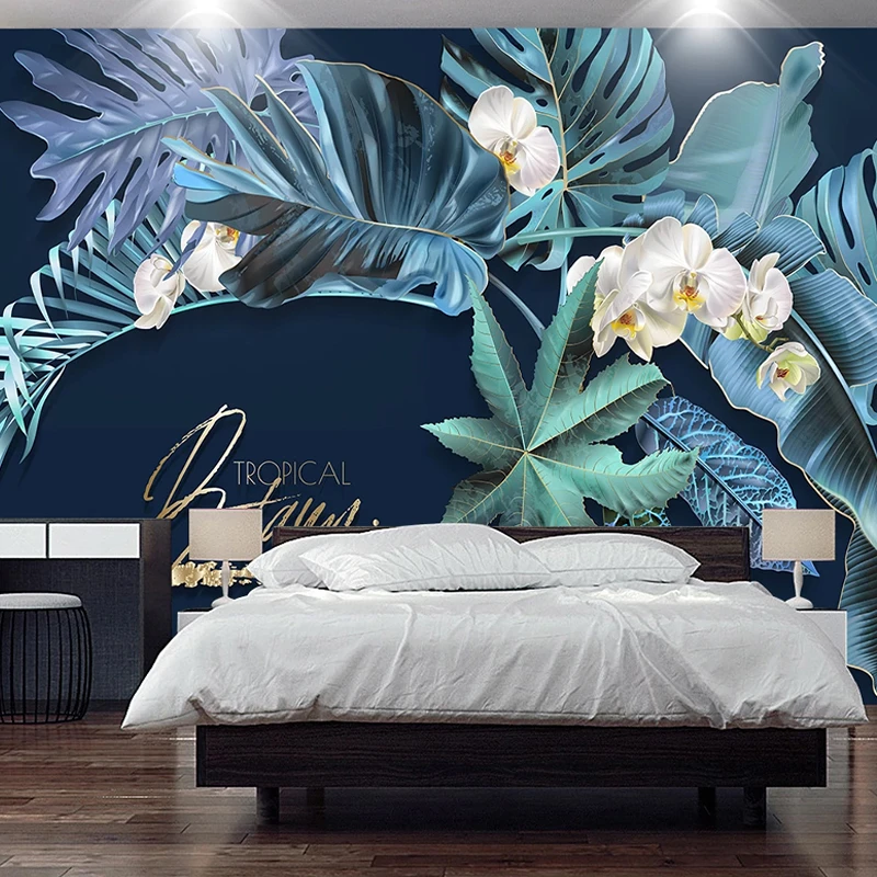 Foto Behang 3D Stereo Blauw Blad Bloemen Slaapkamer Home Decor Tropische Papel De Parede|Wallpapers| - AliExpress