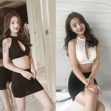 Сексуальный топ без рукавов с вырезом на шее и глубоким вырезом спереди, жилет и юбка, гей-Фетиш, женская одежда, мужская одежда