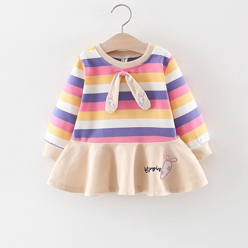 Baby Girls Dress Autumn Winter Cotton Long Sleeved Princess Dress Toddler Rainbow Striped Carrot Dress Children Bow Dress - Цвет: Yellow