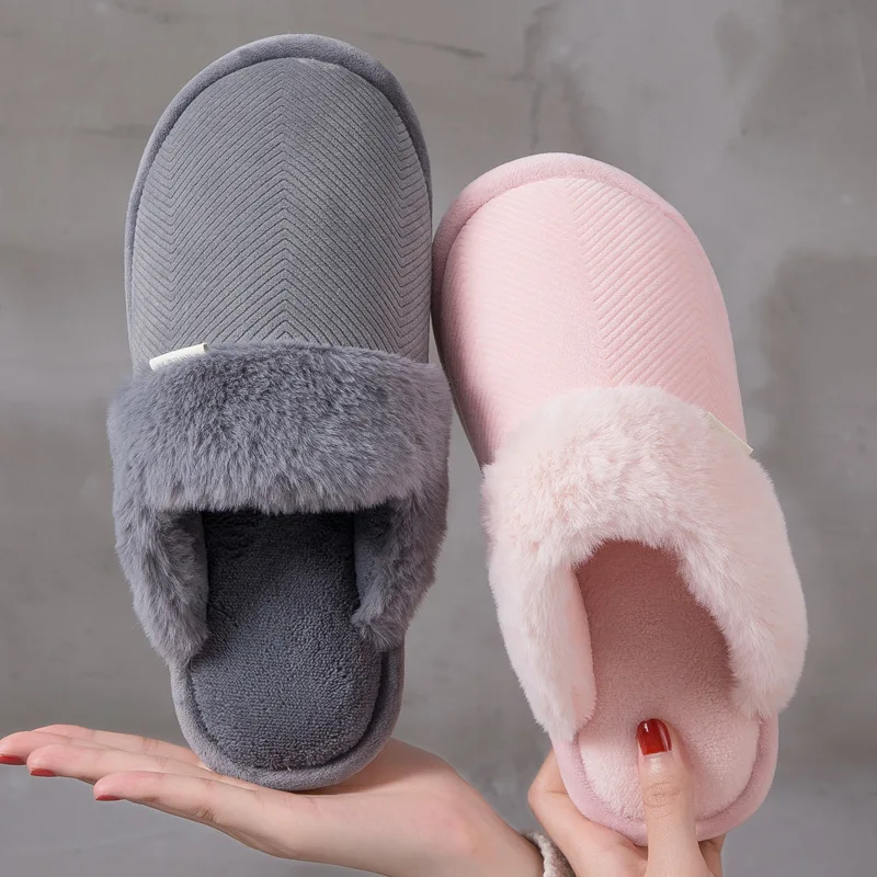 

Plush Slipper Women's Winter 2019 Warm in Anti-slip Indoor New Style Household Suede Couples Cotton Slippers Men Winter