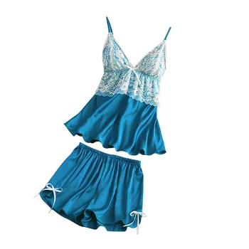

JAYCOSIN Delicate Women Sexy style Satin Lace V-Neck Camisole Bowknot Shorts Set Sleepwear Pajamas Lingerie Honeymoon Set