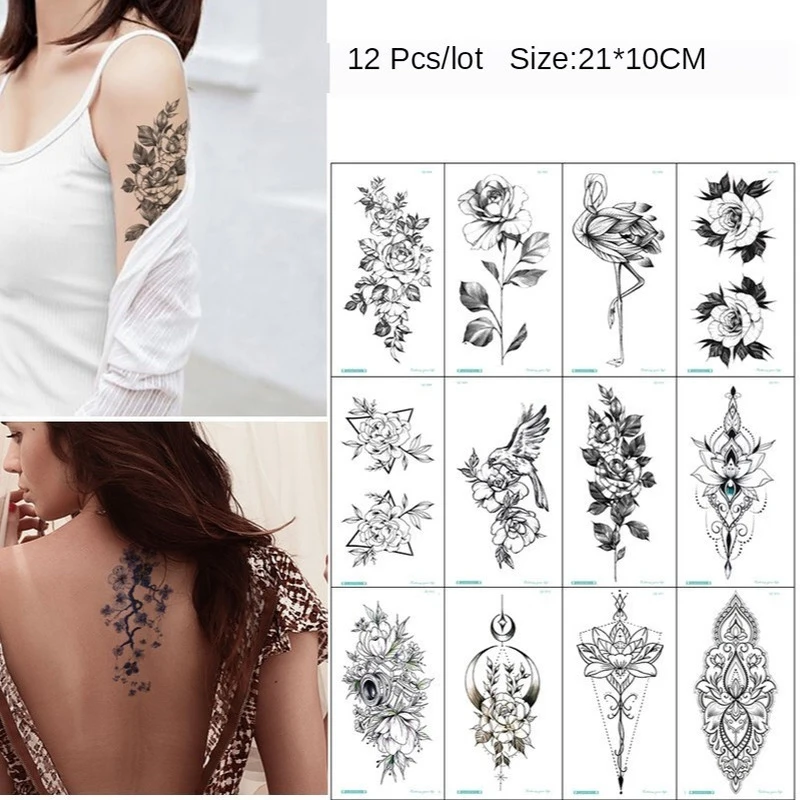 12Pcs/Lot Waterproof Temporary Tattoo Sticker Flowers Flash Tattoos Rose Peony Body Art Arm Water Transfer Fake Tatoo Women