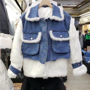 

2020 Winter New Faux Fur Quilted Coat + Denim Vest Two-Piece Female Cotton Clothing Warm Parka
