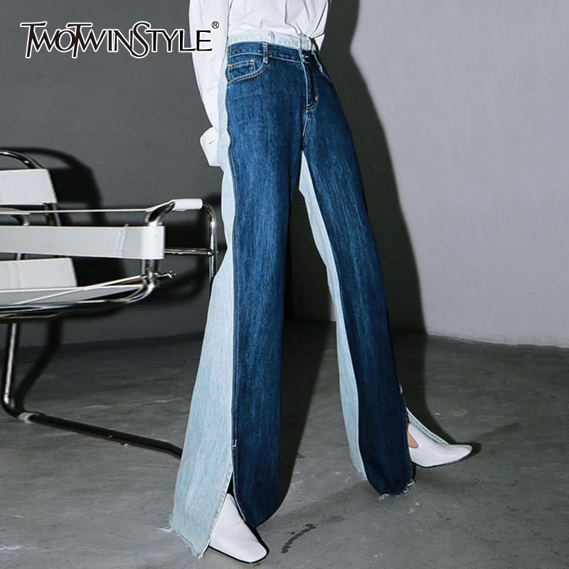 

TWOTWINSTYLE Casual Colorblock Jeans Female High Waist Korean Fashion Split Hem Wide Leg Pants For Women 2021 Spring Clothes New
