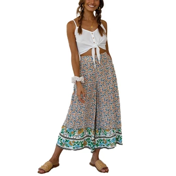 

2020 Women Floral Printed New Boho Flare Pants High Elastic Waist Soft Stretch Trousers Bohemian Style Bell Bottom Hippie Pants