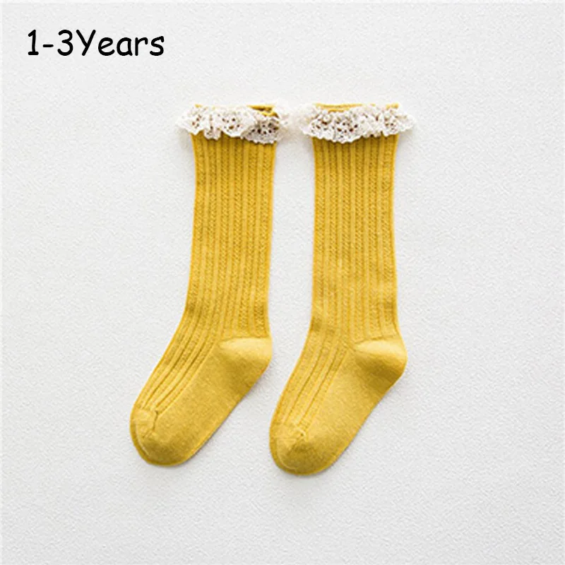 yellow Кружевные детские носки зимние гольфы для девочек детские вязаные зимние носки с оборками для новорожденных хлопковые нескользящие носки для малышей - Цвет: yellow