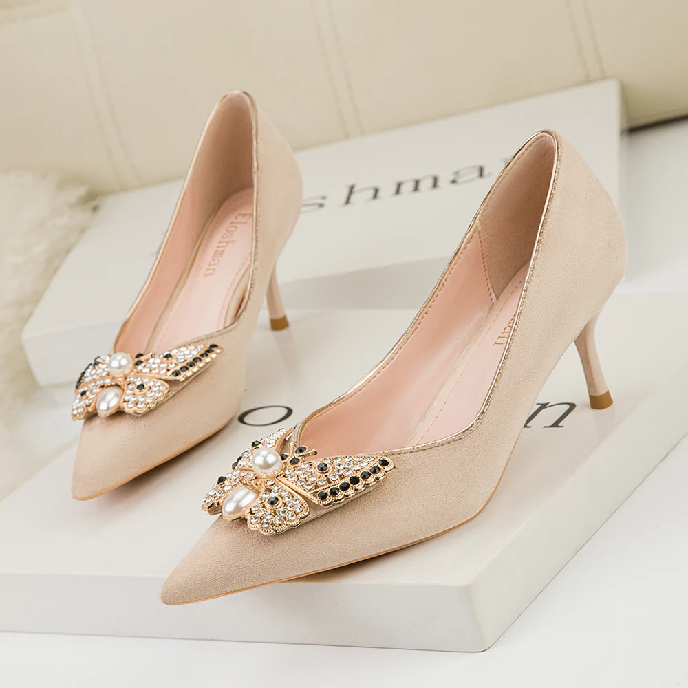 Women High Heels Suede Pumps Woman Shoes Butterfly Metal Decoration Branded Summer Luxury Microfiber Party Wedding Shoes 2022