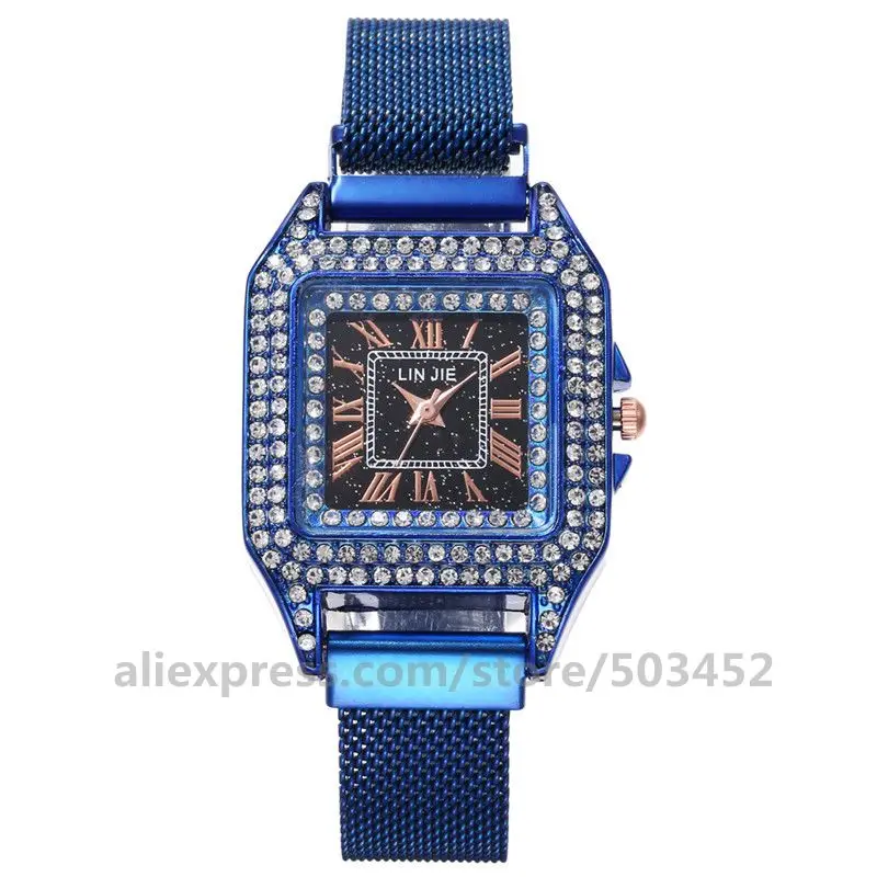 blue 100 шт./лот, квадратный чехол, Гипсофилы, бриллиантовые часы, PU ремень, заводская цена, женские часы, милые студенческие римские цифры, Reloj - Цвет: blue