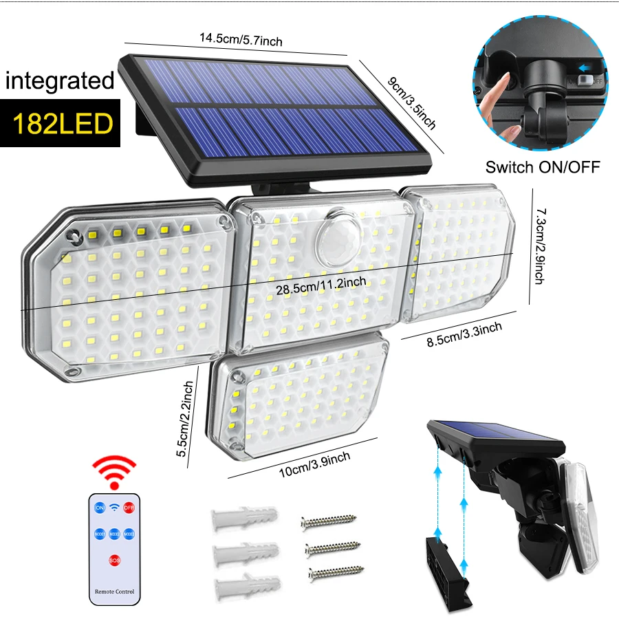 Solar Lights Outdoor 182/112 LED Wall Lamp with Adjustable Heads Security LED Flood Light IP65 Waterproof with 3 Working Modes outdoor fence lights