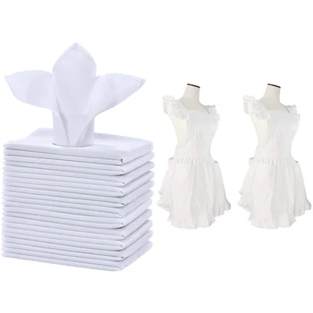 

12Pcs Cotton Restaurant Dinner Cloth Satin White & 2Pcs Ruffle Pocket Apron Cafe Apron Kitchen