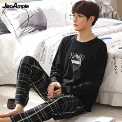 100% Cotton Pajamas Men's Plus Size O-Neck Long-sleeved Trousers Pijamas Two-piece Autumn New Casual Sleepwear Home Clothes Suit