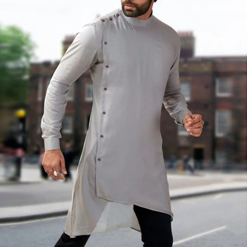 

Men's Tops Middle East National Style Buttons Coat Long Sleeve Irregular Hem Gray Tops
