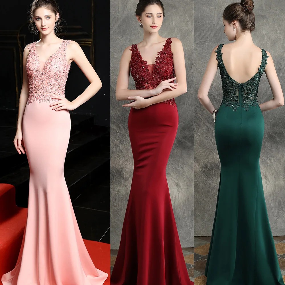 

Luxury Women Vestido Gown celebrity Mermaid Sexy v neck Formal Evening Dresses V neck beading embroidered long Maxi Party Dress