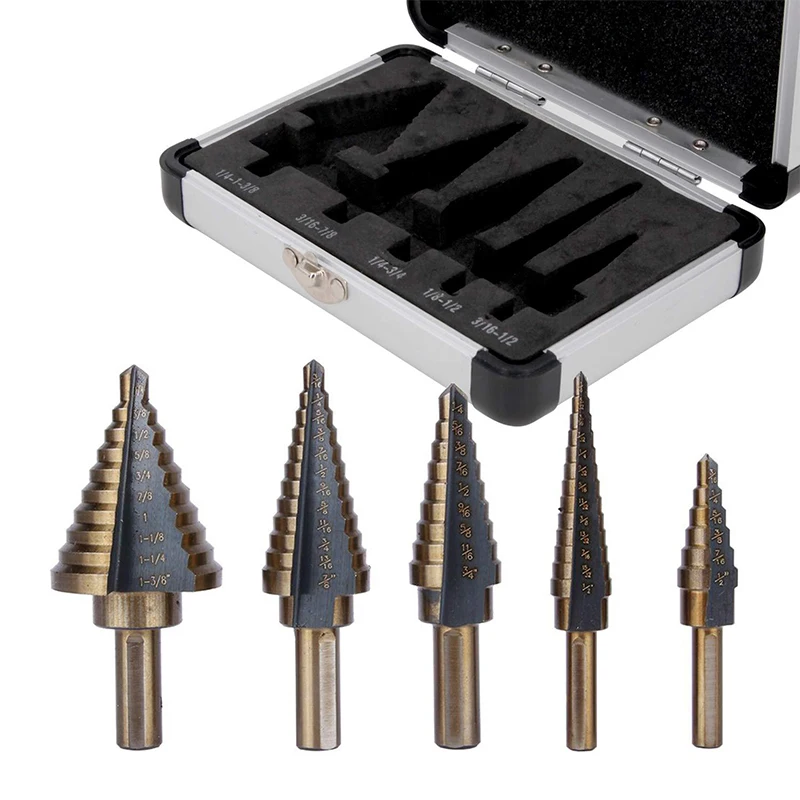 5Pc Titanium 10 Step Drill Bit 1/4 to 1-3/8 Inches Tool for Plastic Wood Metal 