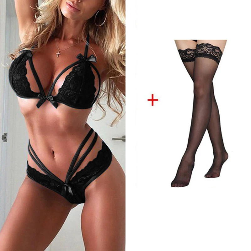 sexy underwear sets Women Sexy Lingerie Transparent Lace Open Bra Set Red Bowknot High Waist G-String And Underwear Set Comfortable Nightwear Bras cotton bra and panty sets Bra & Brief Sets