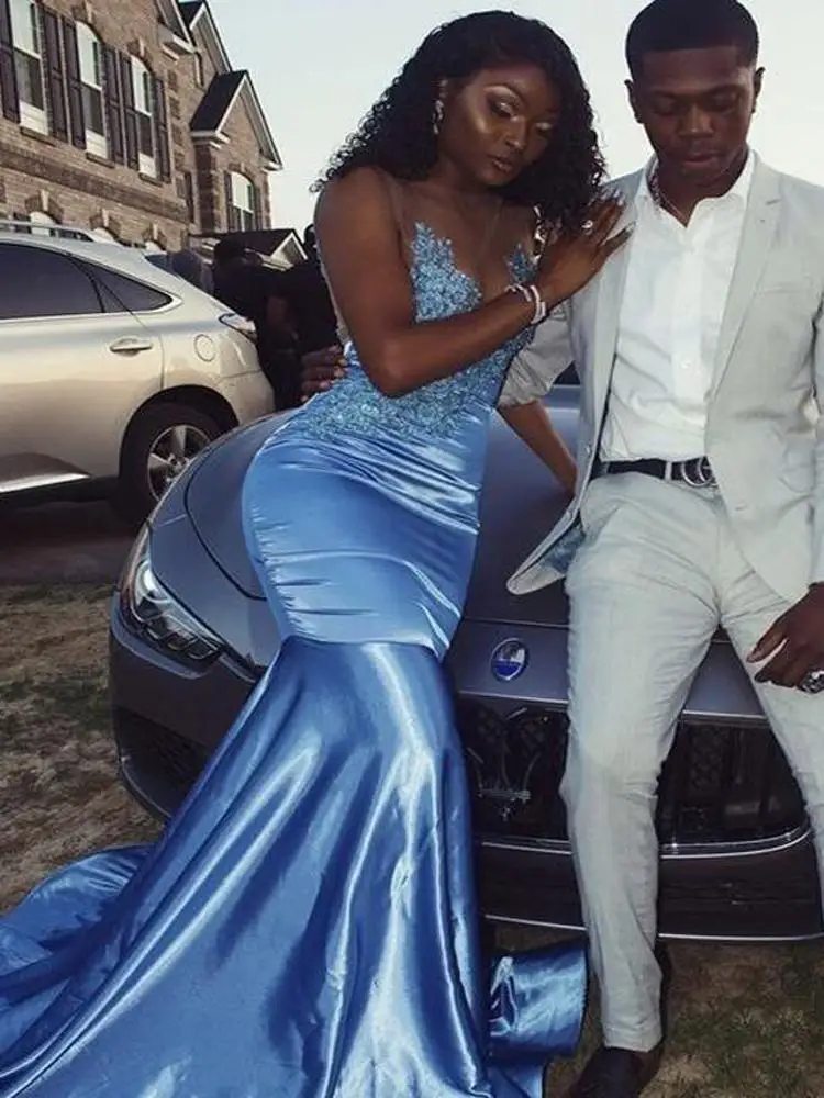 

Sky Blue Mermaid Prom Dressese Sheer Neck Lace Applique Floor Length Evening Party Gown Cocktail Dress robe vestidos