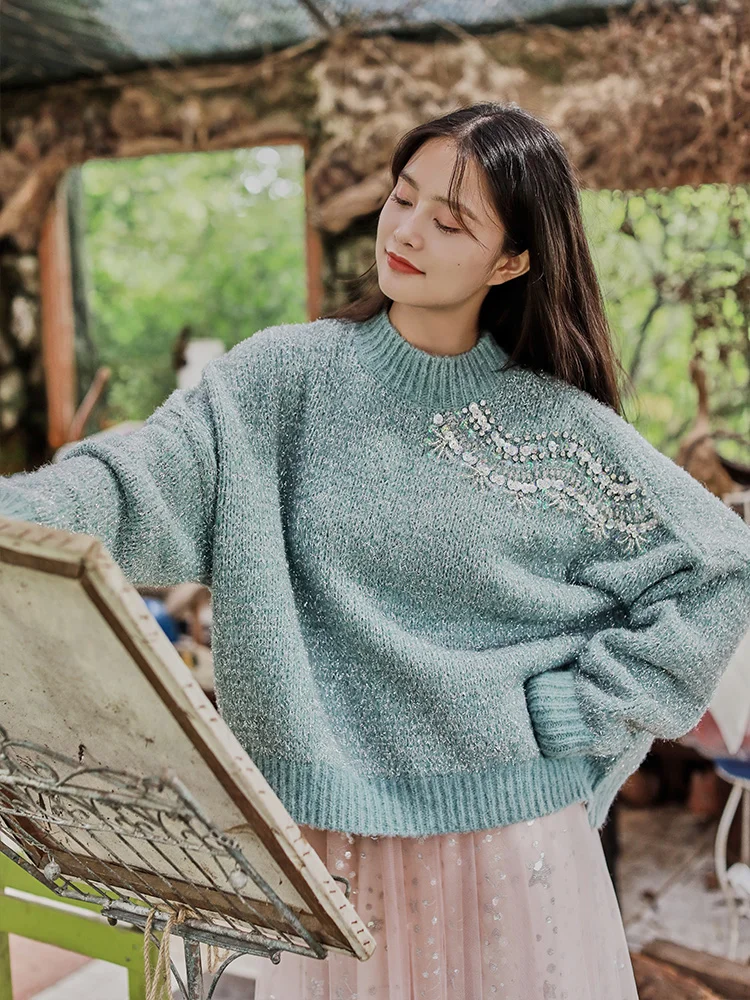 

2019Fall Women Sweet Overiszed Sky Blue Knitted Short Sweater Lazy Casual Loose Handmade Sequins Beading Pulover roupas feminina