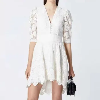 

2020 New Autumn and Winter Women's Puff Sleeve White V-neck Hollow Embroidered Lace Waist Slim Dress