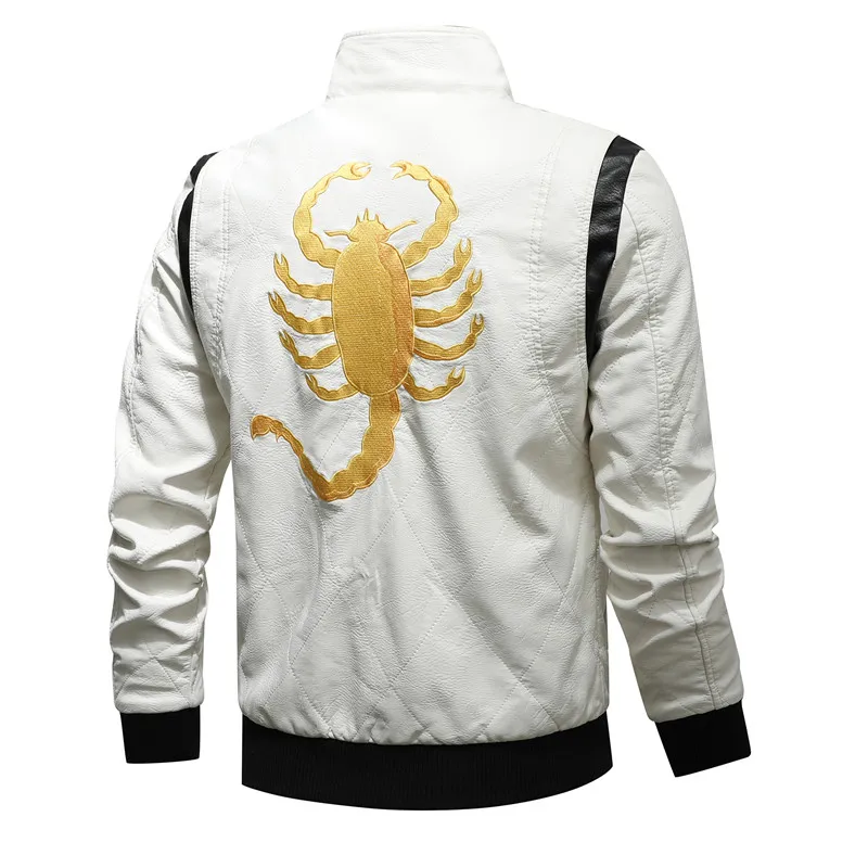 

2021 New Spring Leather Men's Jacket Removable Hoodied Scorpion Embroidery Motorcycle Jacket Men Slim Fit Leather Mens Jackets