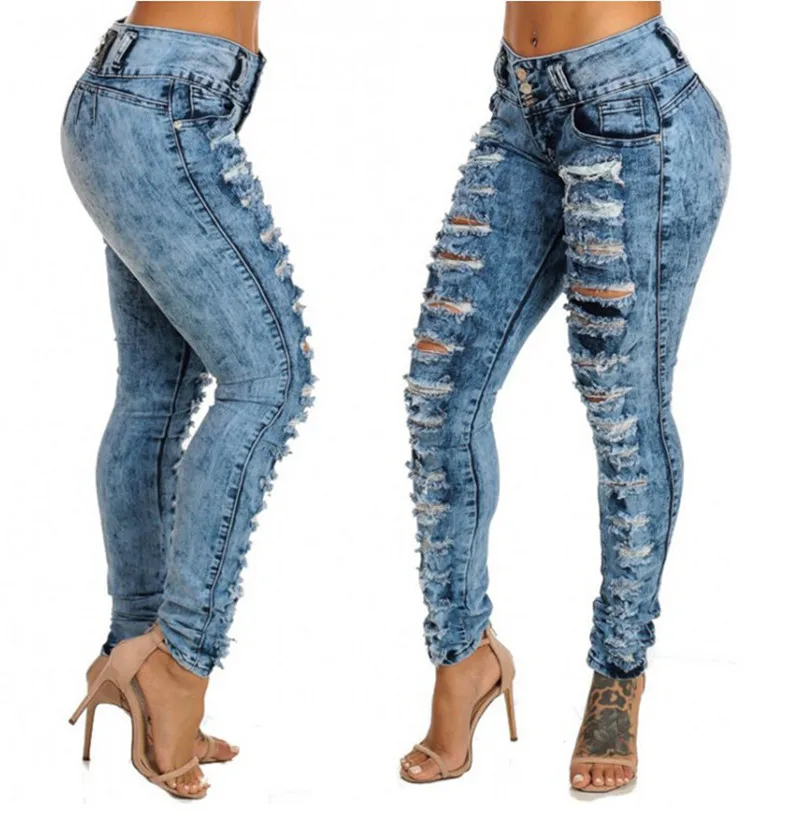 New Sexy Hole Boyfriend Jeans Women High Waist Elastic Ripped Mom Jeans Streetwear Slim Denim Pencil Pants Ladies Skinny Trouser