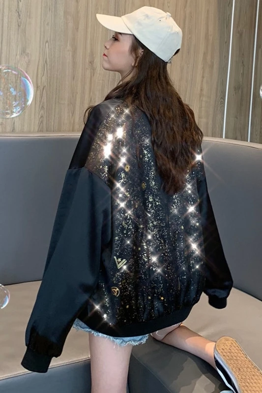 Bling для женщин блёстки длинная секция бейсбольное пальто свободный стиль блестящая рабочая одежда куртка женские весенние куртки Топ