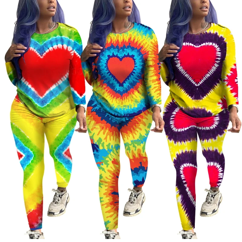 

2019 Autumn Gradient Color Tie Dye Printed Two Piece Set Long Sleeve Pullover Long Pants Sweat Suit Sexy Casual Outfits Clothing