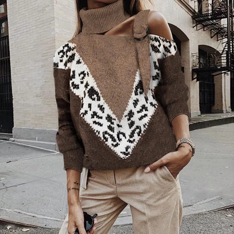Leopard Patchwork Turtleneck Sweater Women Sexy Off Shoulder Color Block Knitted Sweaters Batwing Long Sleeve Pullover Tops | Женская
