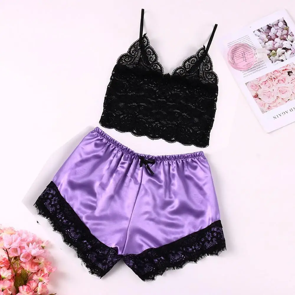 

Womens Sexy Imitated Faux Silk Pajamas Set Deep VNeck Solid Color Camisole Sleepwear Eyelash Floral Lace Trim Wide Leg Short P3M