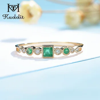 

Kuololit Natural Emerald 585 10K 14K Solid yellow Gold Ring for Women Luxury Moissanite Ring for Vintage Engagement Promise Gift