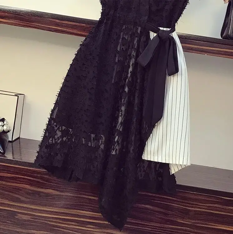 Korea Women Casual Lace Striped Patchwork Dress 2020 Summer 3D Tassel Appliques V-neck Short Sleeve Sashes irregular Dress