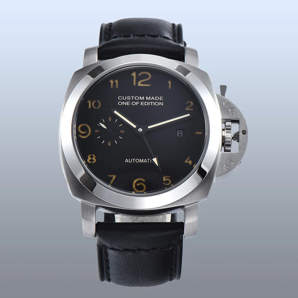 

Watch new automatic movement 44mm luminous hand men 316L stainless steel case mineral crystal leather strap S75