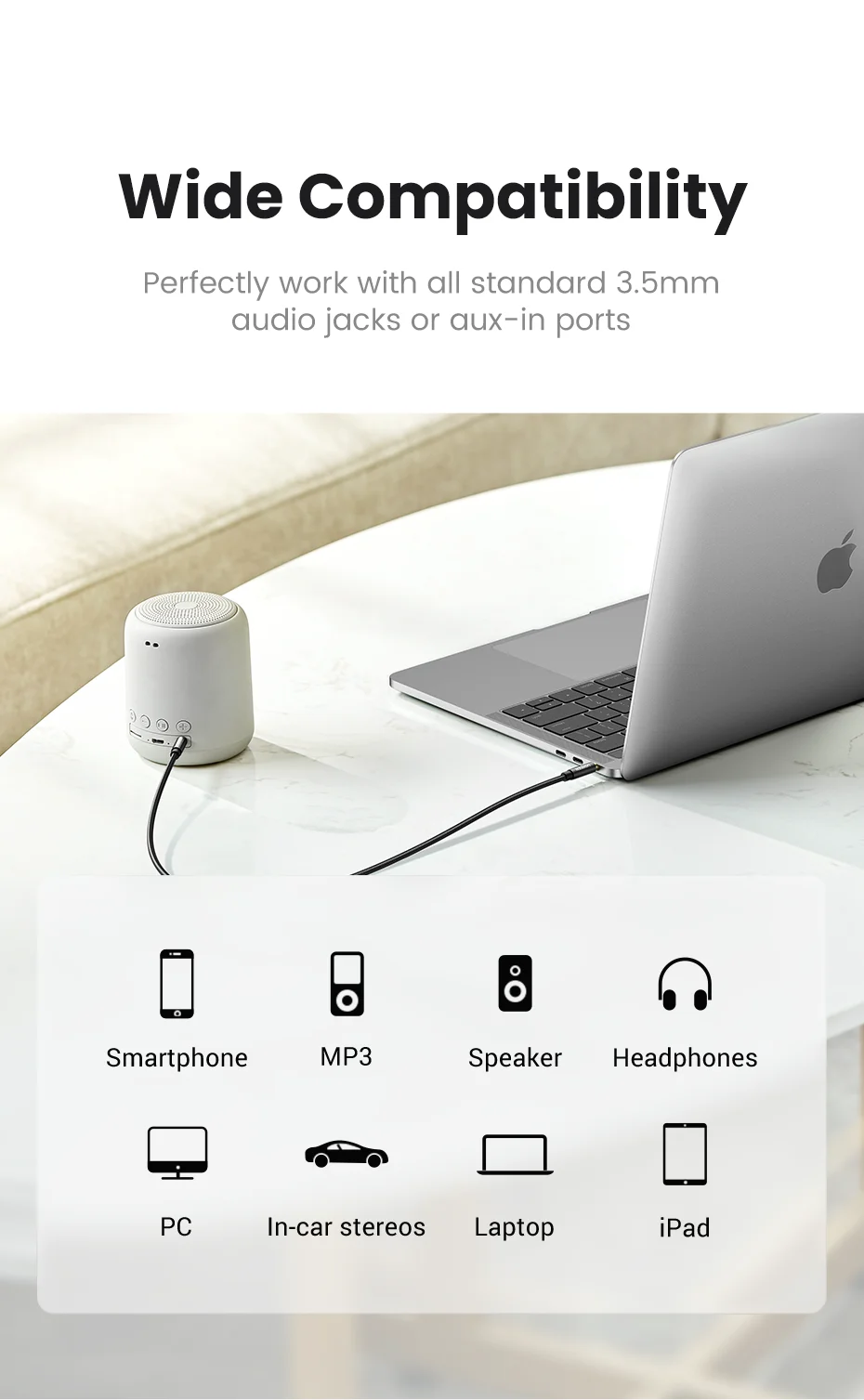 UGREEN AUX Cable Jack 3.5mm Audio Cable 3.5 MM Jack Speaker Cable for JBL Headphones Car Xiaomi Redmi 5 Plus Oneplus 5t AUX Cord