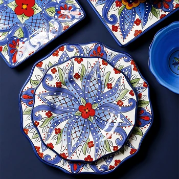 

European-style Creative Ceramic Tableware Household Hand-painted Large Western-style Frill Plate Square Plate Noodle Bowl Mug