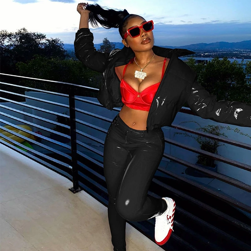 Women Fashion Bright Pu Solid Puffer Jacket Winter Warm Bubble Coats Shiny Leather Parkas Down Zipper Cropped Jackets Parkas