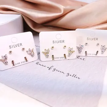 

925 Sterling Silver Original Women Luxy Stud Earrings Cat Fish Bones Colorful Ear Shiny Zircon Different Three-piece Set Kitten