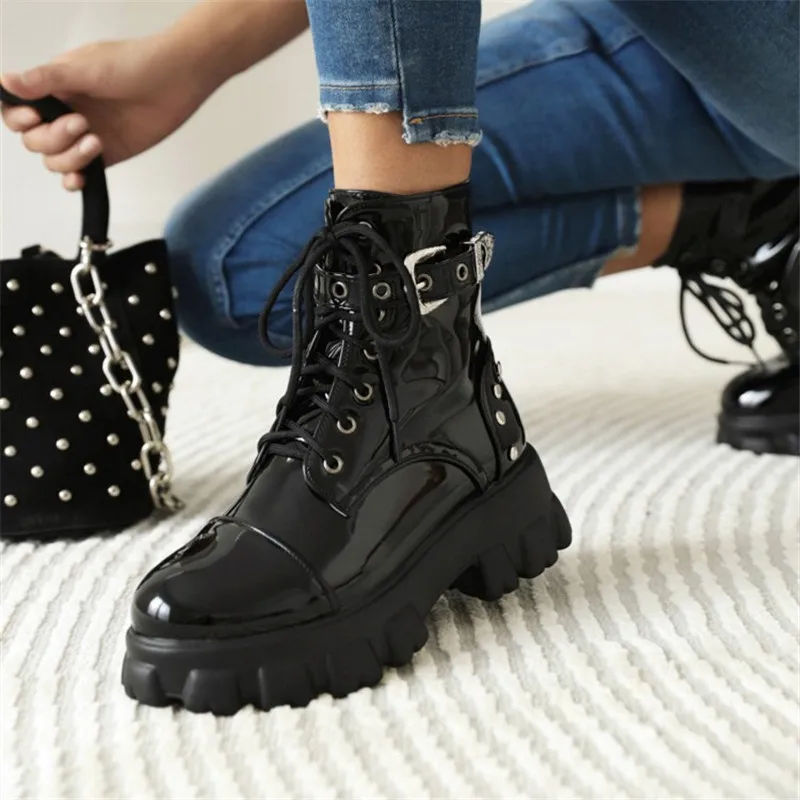 PXELENA-Botas de combate con remaches de charol para mujer, botas militares con plataforma gruesa, estilo gótico talla - AliExpress Calzado