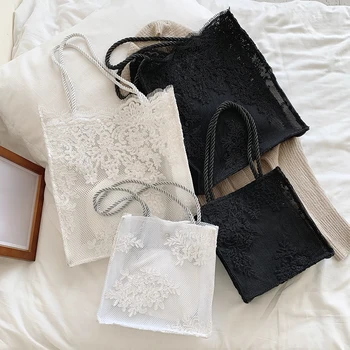 

Women Fashion Lace Tote Bag Female Nylon Shoulder Fashion Holiday Beach Handbag for Outdoor Shopping Traveling Ornaments