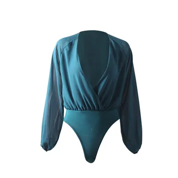 

Women Deep V Neck Bodysuit Slim Fitted Solid Modern Office Lady Autumn Out Going Sexy Lantern Long Sleeve Chiffon Jumpsuit