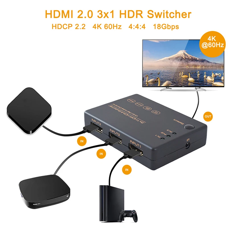 HDMI коммутатор 4k 60hz Hdmi сплиттер для ТВ компьютера HDMI коммутатор с 3 входными портами и 1 выходным портом Портативный 4k HDR коммутатор