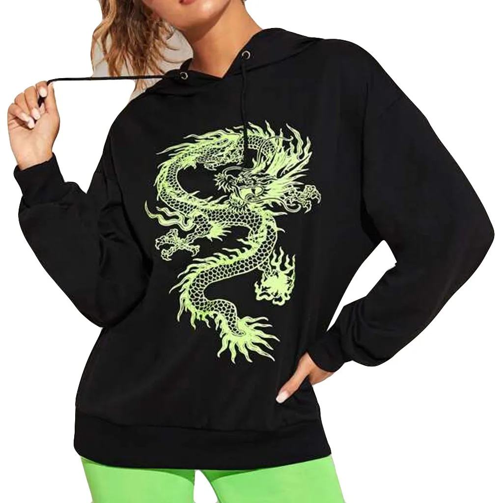 

Dragon Hoodie Sweatshirt Women Fashion Dragon Pattern Hooded Long Sleeve Drawstring Sweatshirt Femme Sudadera Mujer Streetwear