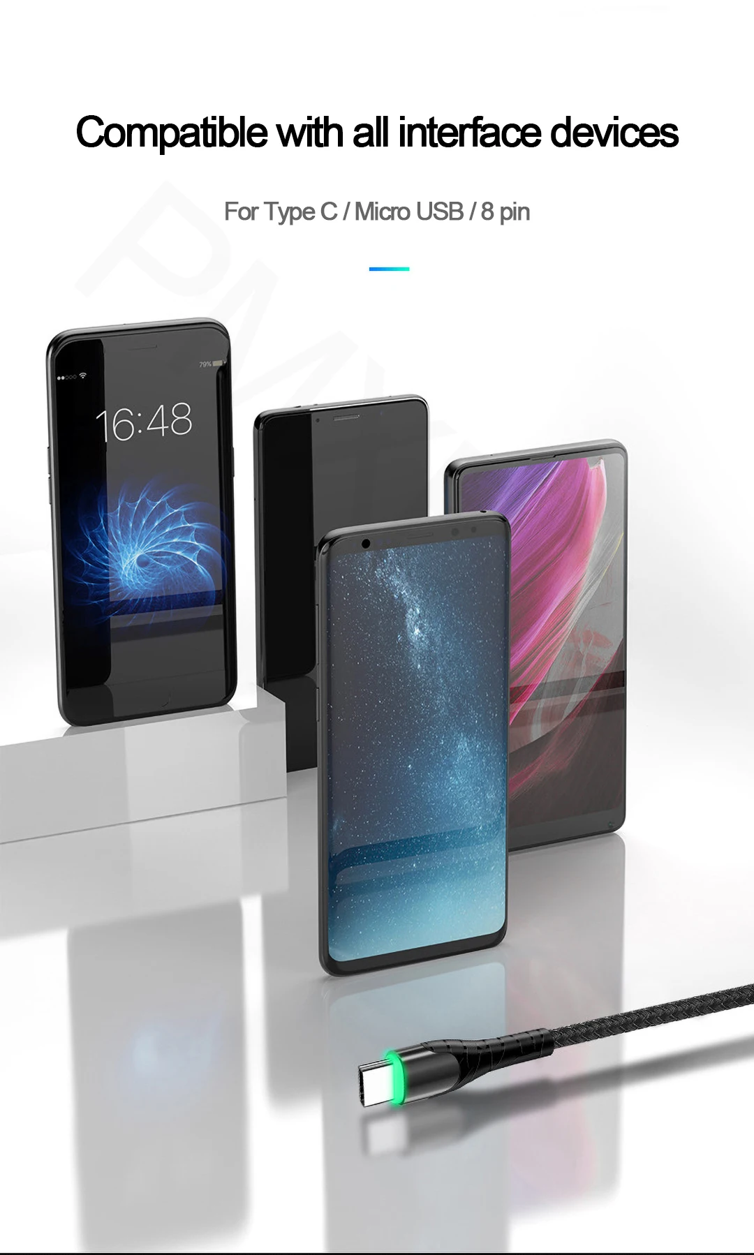 3A светодиодный кабель usb type-C для быстрой зарядки, USB-C светильник, провод для samsung Xiaomi huawei P30, шнур зарядного устройства для мобильных смартфонов USBC