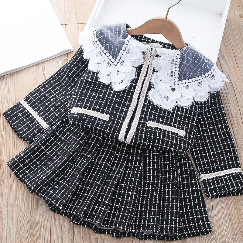 

Children's Clothes Baby Girls Autumn Winter Knitting Sweet Sweater Girl Lace Coat + Pleated Skirt 2pcs Sets Kids