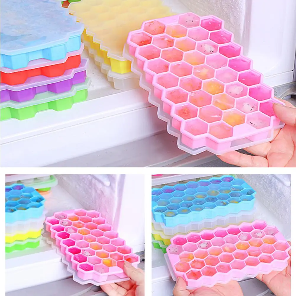 TPFOCUS 37-Grid Food Grade Silicone Ice Cube Mold with Cover Honeycomb Ice Tray DIY Creative Small Ice Cube Mold Kitchen Tools