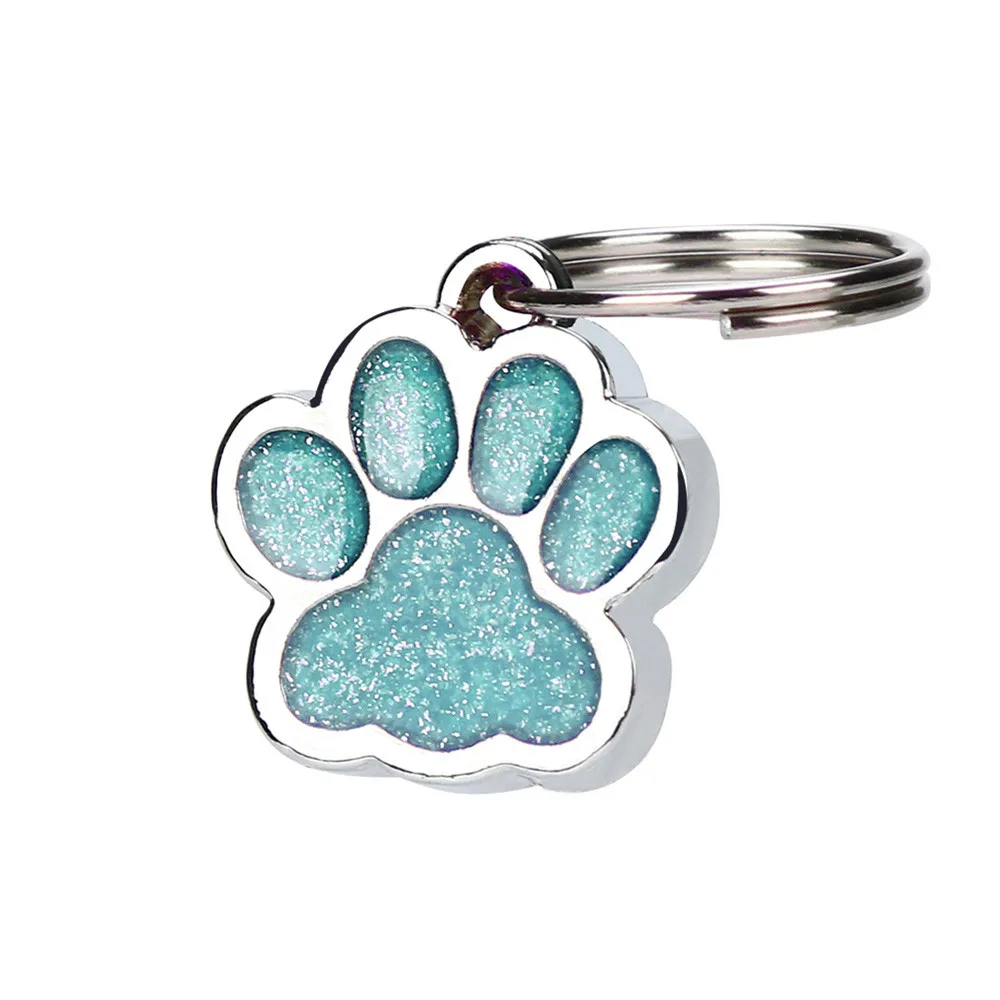 #25mm gato perro Pet ID etiqueta reflectante de mascotas brillante Paw forma de perro de mascota gato ID llavero con chapa con anillo pata impresión de etiqueta